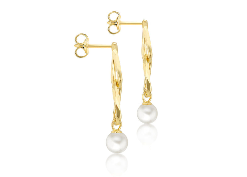 9ct Yellow Gold Double Link Freshwater Pearl Drop Earrings