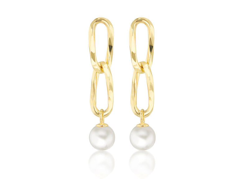 9ct Yellow Gold Double Link Freshwater Pearl Drop Earrings