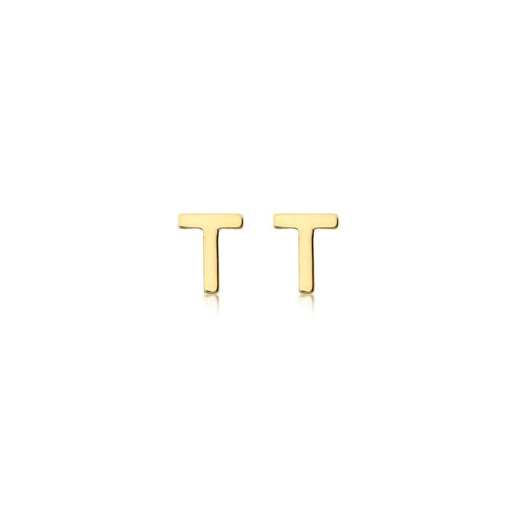 9ct Yellow Gold Mini Initial 'T' Stud Earrings