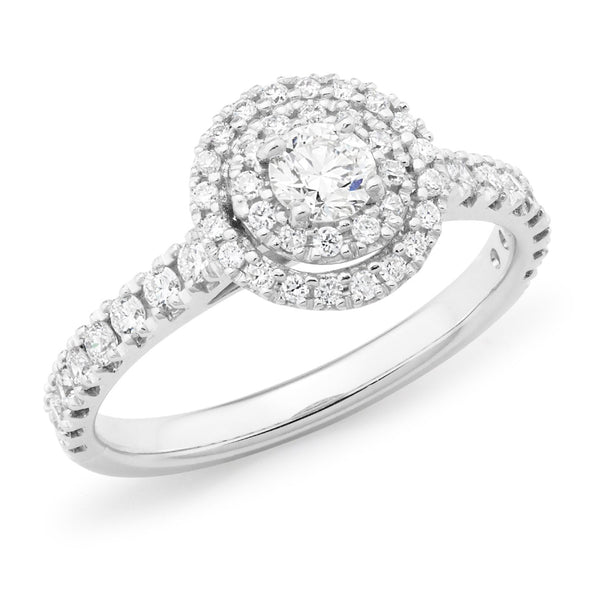 0.78ct Round Brilliant Cut Diamond Halo Engagement Ring in 18ct White Gold