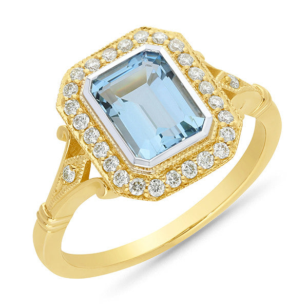 1.36ct Aquamarine & 0.23ct Diamond Ring in 9ct Yellow Gold