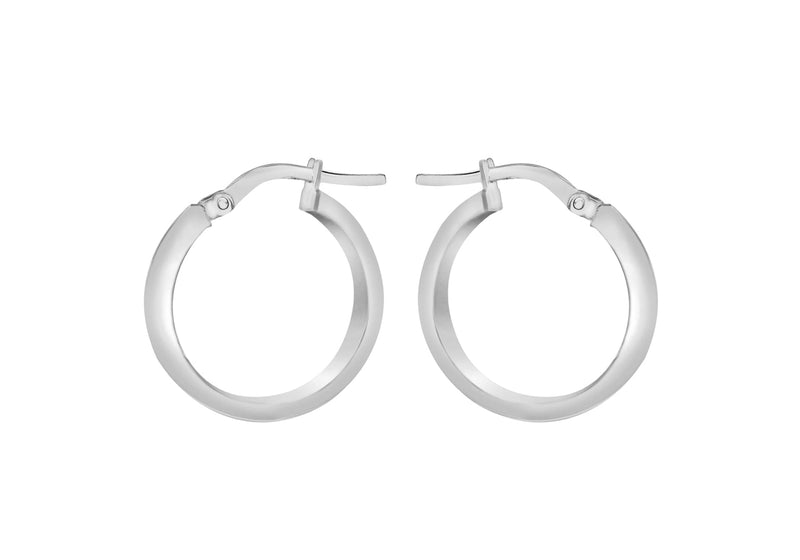 9ct White Gold 3mm Rectangular-Tube 15mm Hoop Creole Earrings