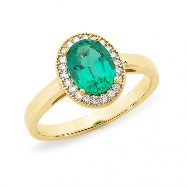 1.3ct Created Emerald & 0.14ct Diamond Ring in 9ct Yellow Gold