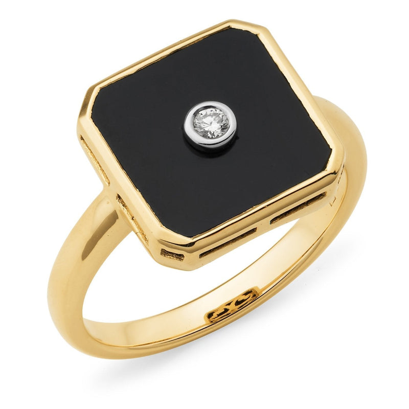 Onyx & Diamond Bezel Set Dress Ring in 9ct Yellow Gold