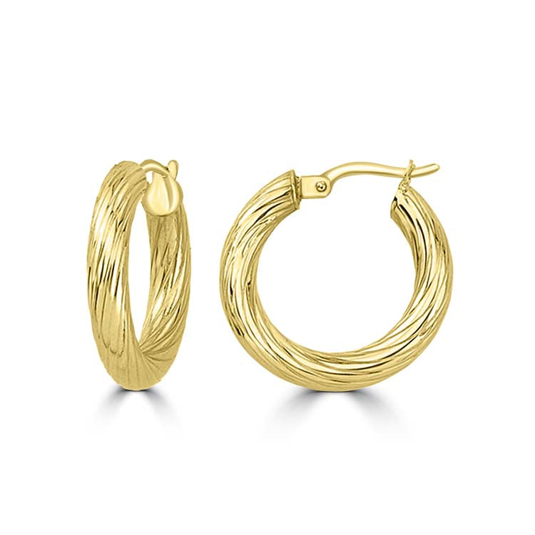 9ct Yellow Gold Textured Hollow Hoops 15mm