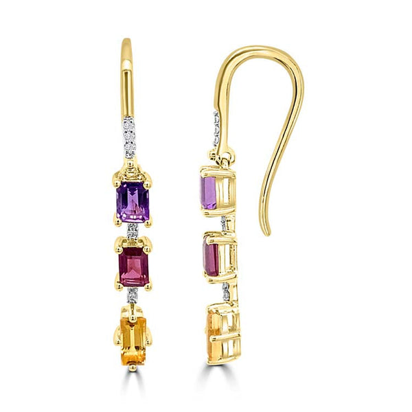 Diamond, Amethyst, Rhodolite, Citrine Drop Earrings with 0.05ct Diamonds in 9ct Yellow Gold