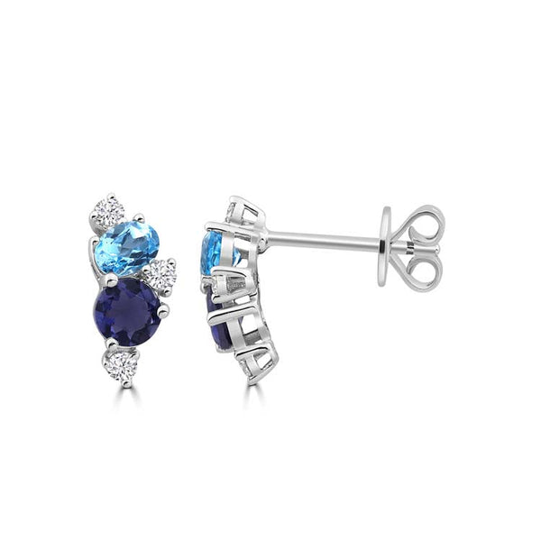 Diamond, Blue Topaz, Iolite Stud Earrings with 0.135ct Diamonds in 9ct White Gold