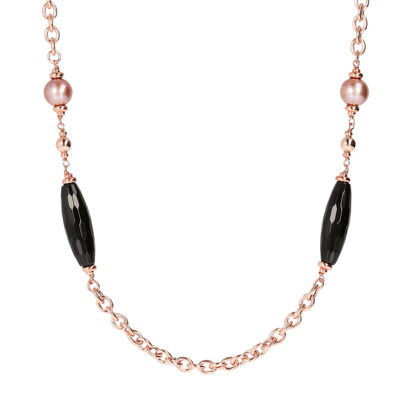 Bronzallure Black Onyx and Rose Ming Pearl Chanel Necklace