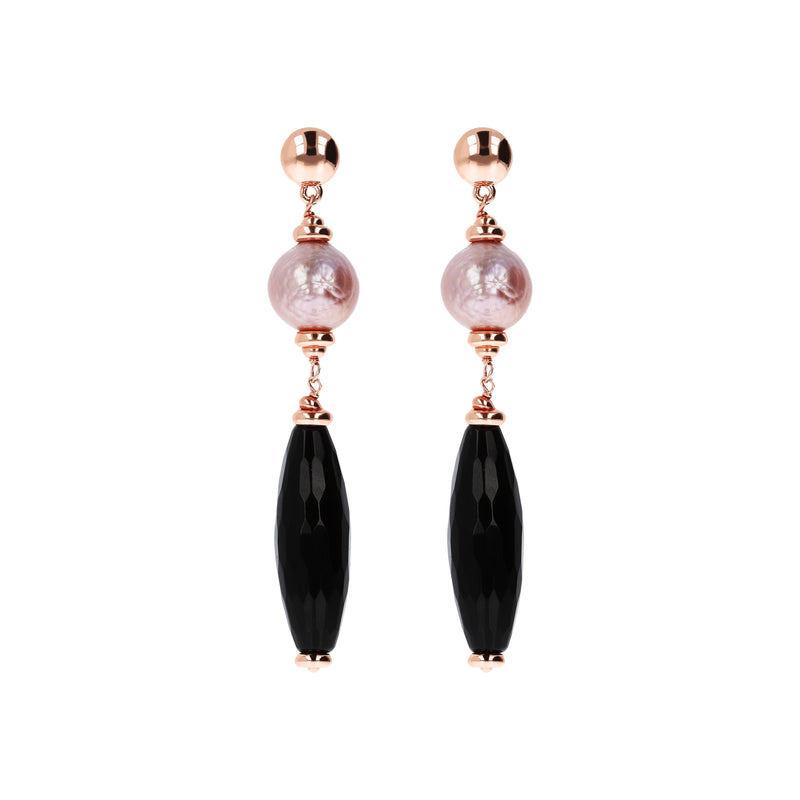 Bronzallure Black Onyx and Rose Ming Pearl Dangle Earrings