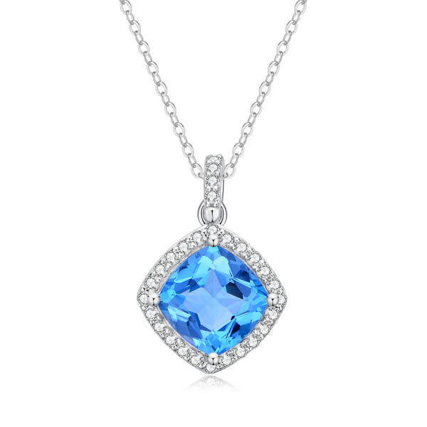 9ct White Gold Blue Topaz & Diamond Pendant