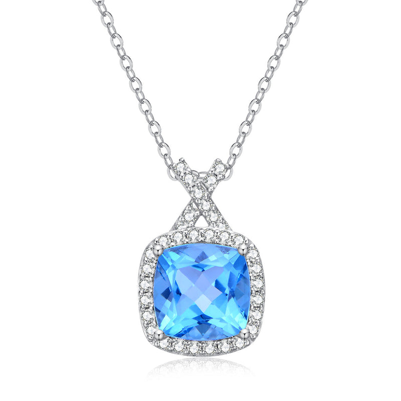 9ct White Gold Blue Topaz & Diamond Pendant