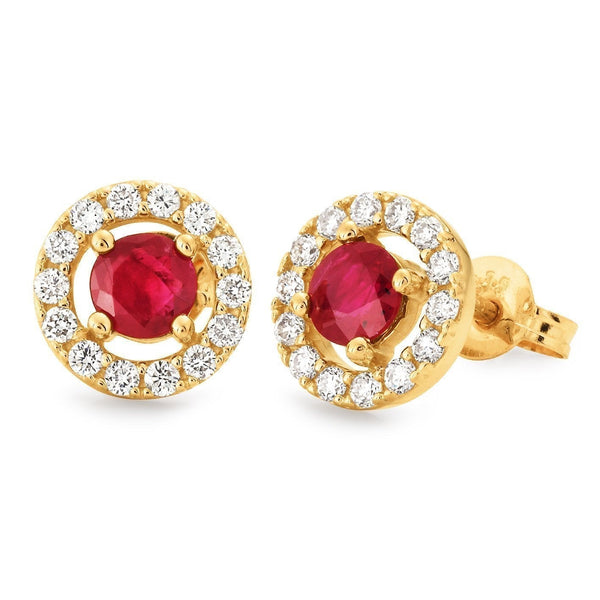 Ruby & Diamond Halo Stud Earrings in 9ct Yellow Gold