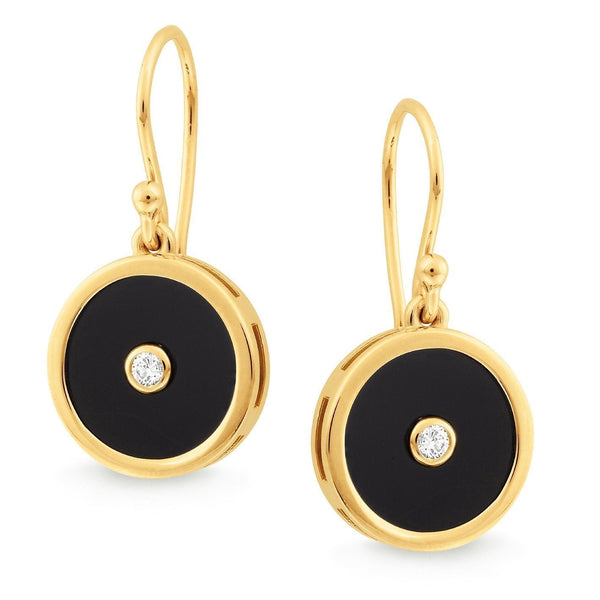 Onyx & 0.08ct Diamond Shepherd Hook Earrings in 9ct Yellow Gold