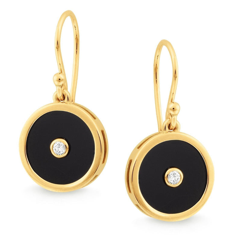 Onyx & 0.08ct Diamond Shepherd Hook Earrings in 9ct Yellow Gold