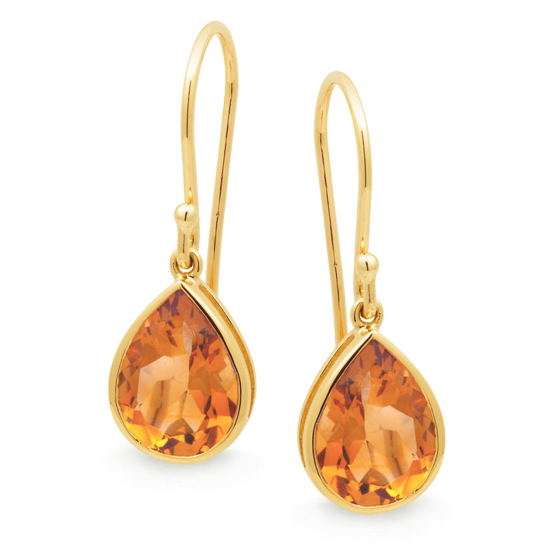 Citrine Bezel Shepherd Hook Earrings in 9ct Yellow Gold