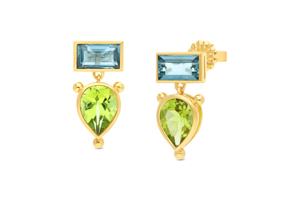 Peridot & London Blue Topaz Drop Earrings 9ct Yellow Gold