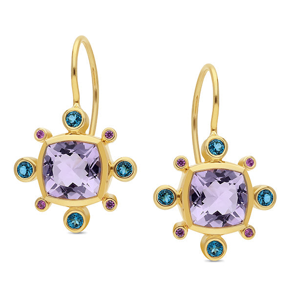 Pink Amethyst & Sapphire Drop Earrings in 9ct Yellow Gold