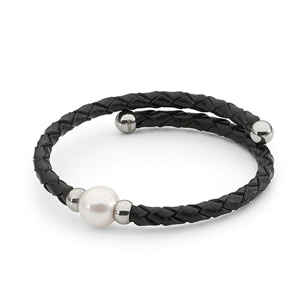 Sterling Silver & Black Leather 10-11mm Freshwater Pearl Bracelet