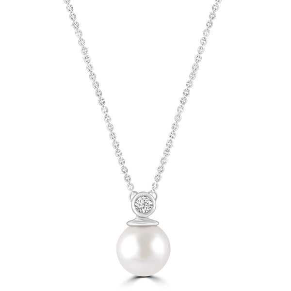 Diamond Pearl Necklace with 0.03ct Diamonds in 9ct White Gold - N-20565-003-W