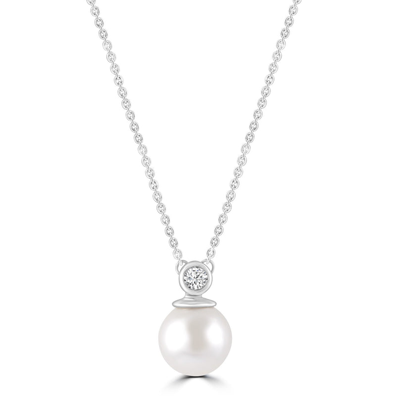 Diamond Pearl Necklace with 0.03ct Diamonds in 9ct White Gold - N-20565-003-W