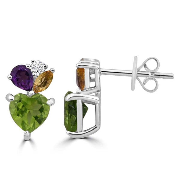 Diamond, Peridot, Amethyst, Citrine Stud Earrings with 0.056ct Diamonds in 9ct White Gold