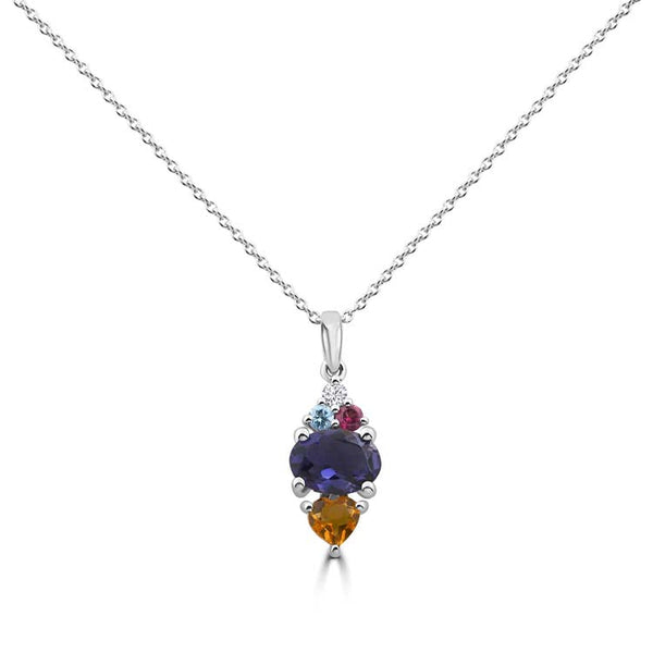 Diamond, Iolite, Citrine, Blue Topaz, Rhodolite Necklace 40-45cm with 0.03ct Diamonds in 9ct White Gold