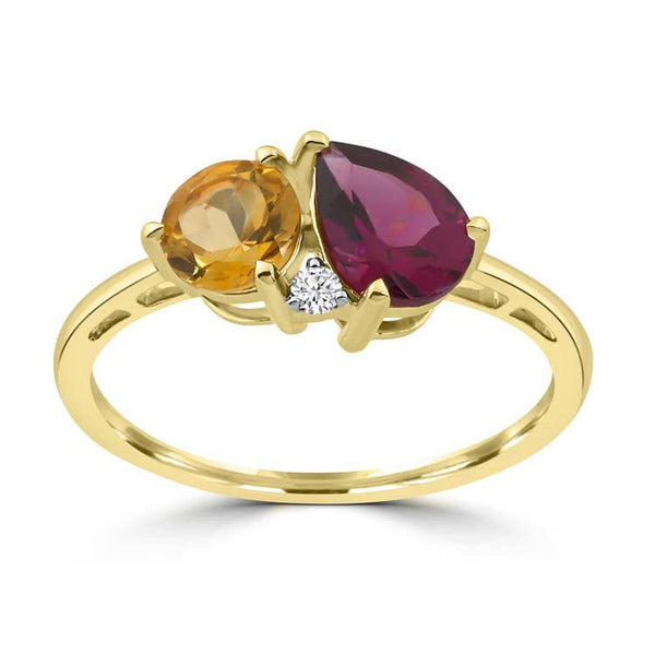 Diamond, Rhodolite, Citrine Ring with 0.02ct Diamonds in 9ct Yellow Gold