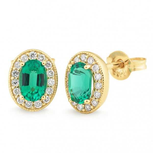 Created Emerald & 0.15ct Diamond Stud Earrings in 9ct Yellow Gold