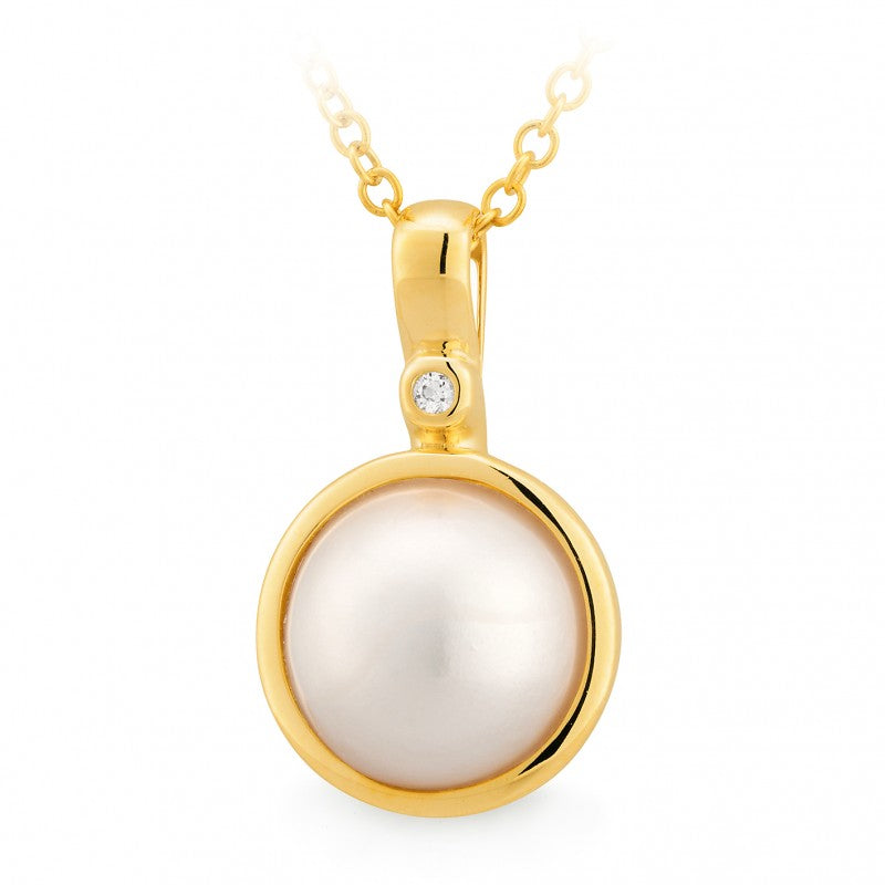 Mabe Pearl & Diamond Bezel Set Pendant in 9ct Yellow Gold