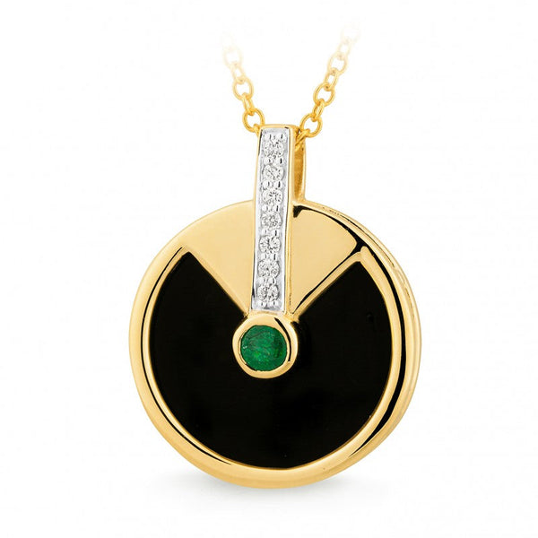 Onyx, 0.13ct Emerald & Diamond Art Deco Pendant in 9ct Yellow Gold